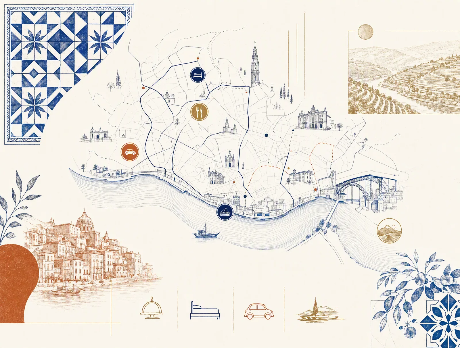 Dekorativer illustrierter Routenatlas, inspiriert von Porto, dem Douro und den Erlebnissen, die wir arrangieren.