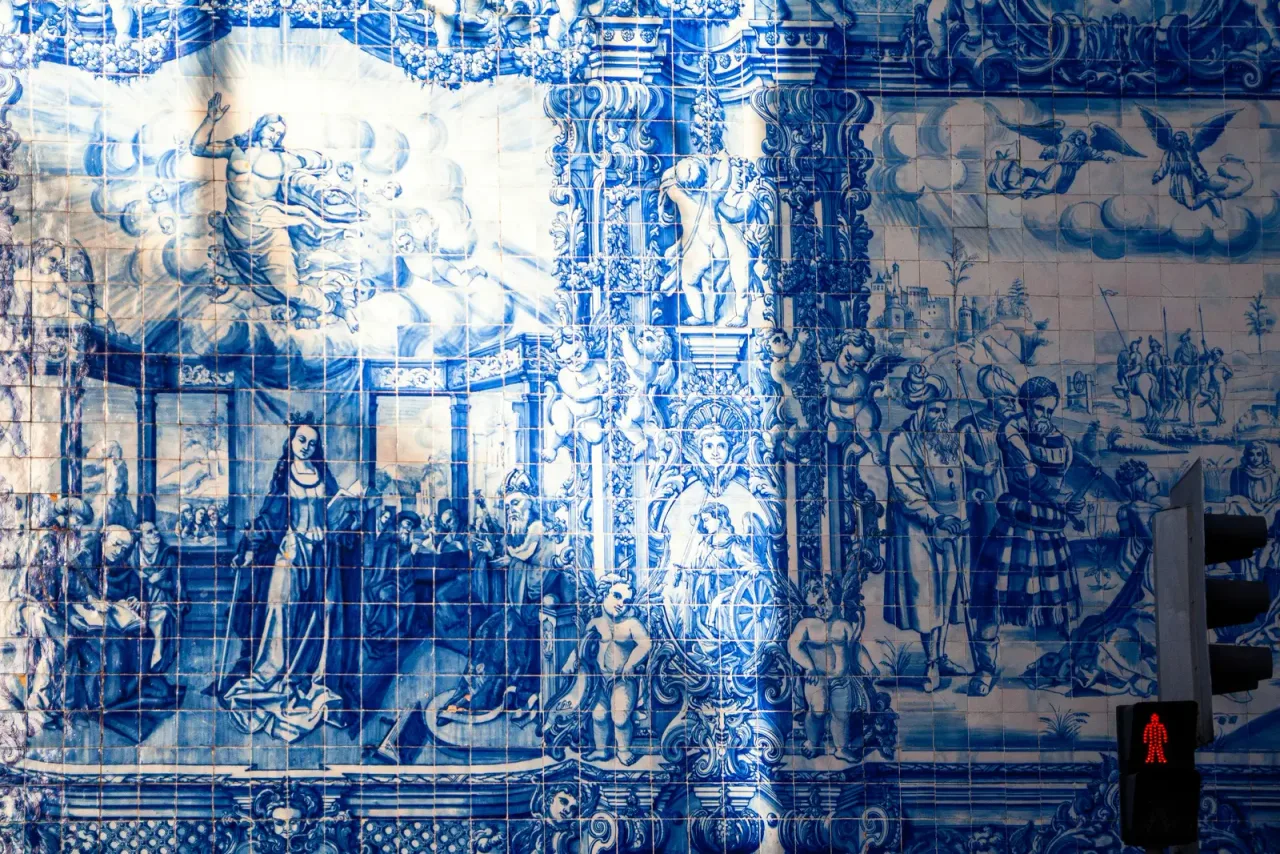 Blue and white Portuguese azulejo tiles in close-up detail.